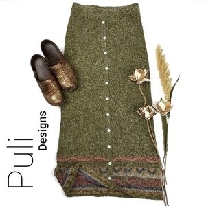 Puli Designs Boho Green Wool Blend Button Detail Skirt S /M